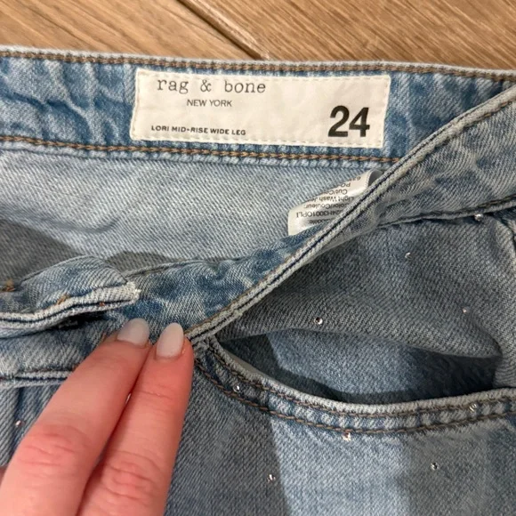Rag & bone Lori Mid Rise Rhinestone Wide Leg Jeans - Picture 4 of 5